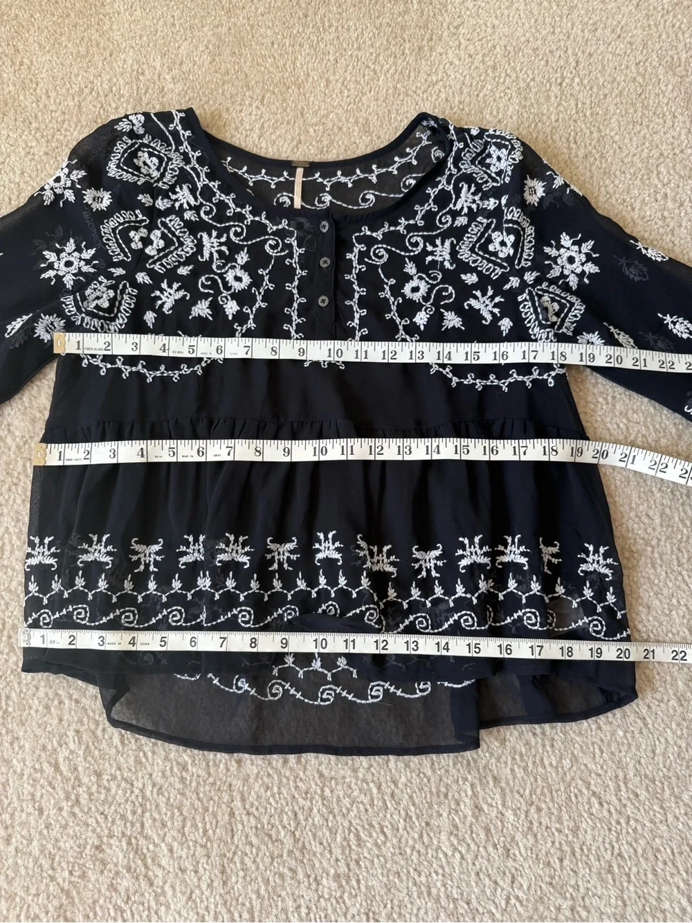 FREE PEOPLE Black Sheer Embroidered Babydoll Peplum Blouse—SZ. Small